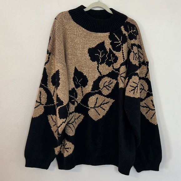 Vintage 80s Sparkly Sweater Black Gold Metallic Mock Neck Womens Small Unique - Picture 1 of 9